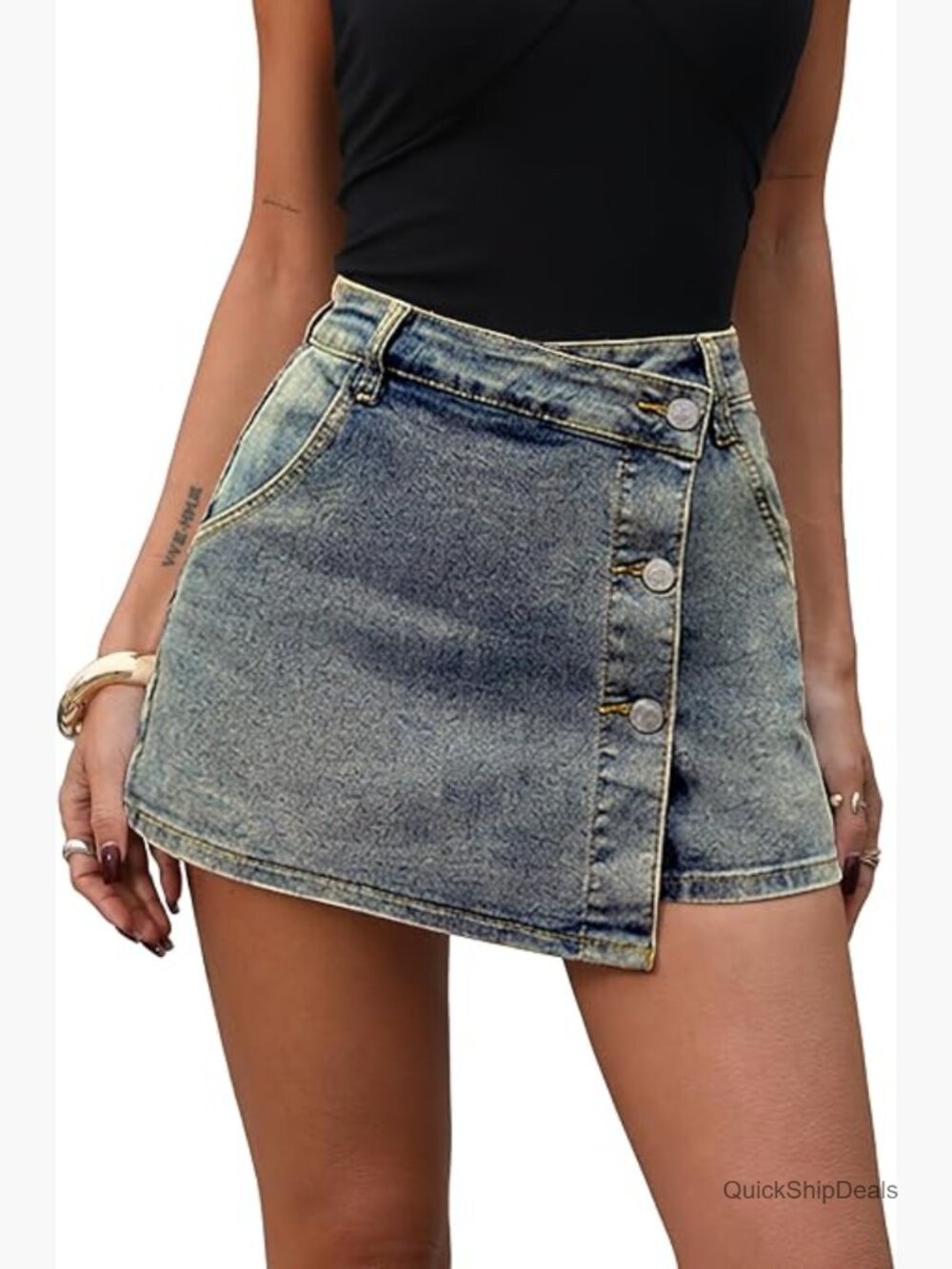 High Waisted Stretch Denim Mini Skort with Shorts Asymmetrical Hem